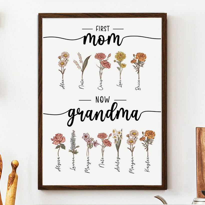 First Mom Now Grandma-Birth Flower Family Personalized Names Frame