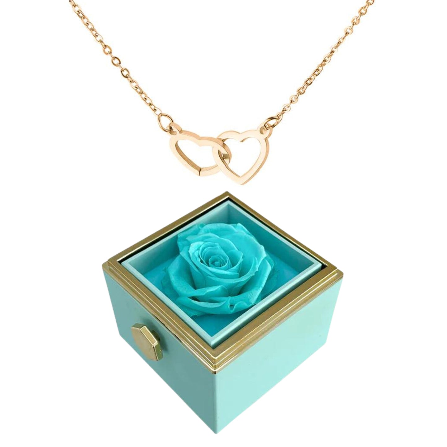 ETERNALLY PRESERVED ROTATING ROSE BOX - W/ ENGRAVED HEART NECKLACE