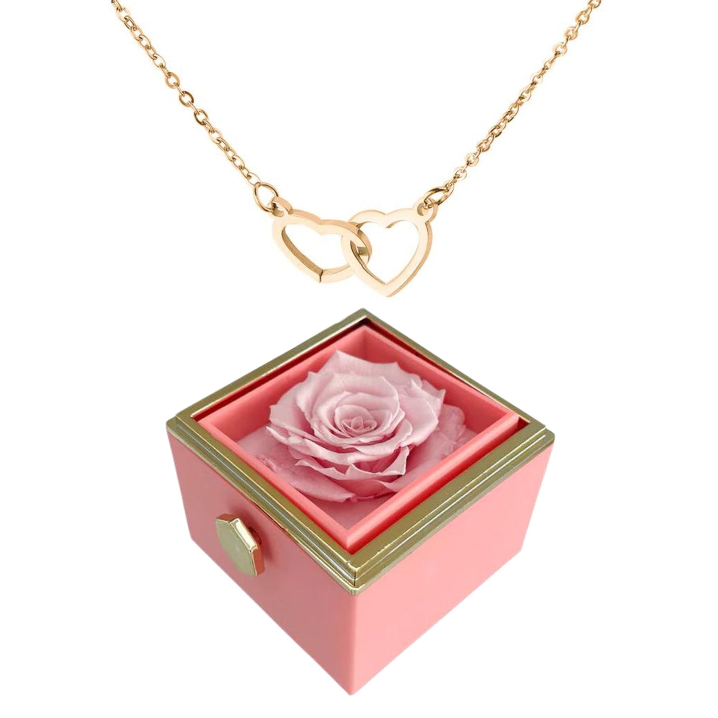 ETERNALLY PRESERVED ROTATING ROSE BOX - W/ ENGRAVED HEART NECKLACE