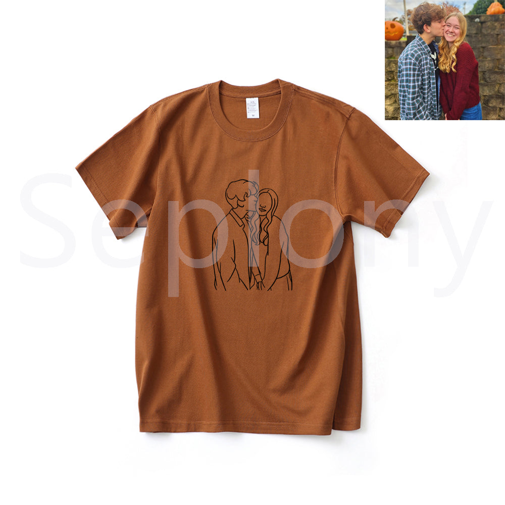 Seplony™ 100% Cotton Personalized Photo Line Drawing Embroidered T