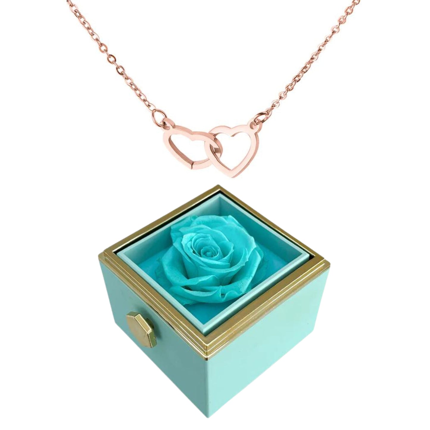 ETERNALLY PRESERVED ROTATING ROSE BOX - W/ ENGRAVED HEART NECKLACE