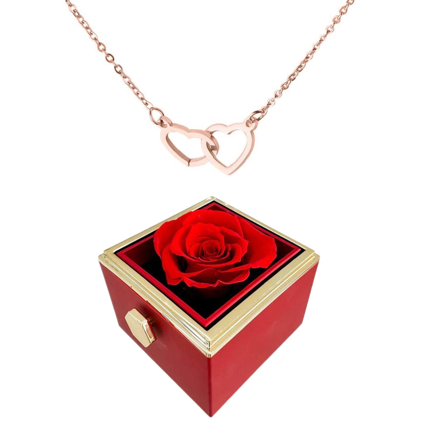 ETERNALLY PRESERVED ROTATING ROSE BOX - W/ ENGRAVED HEART NECKLACE