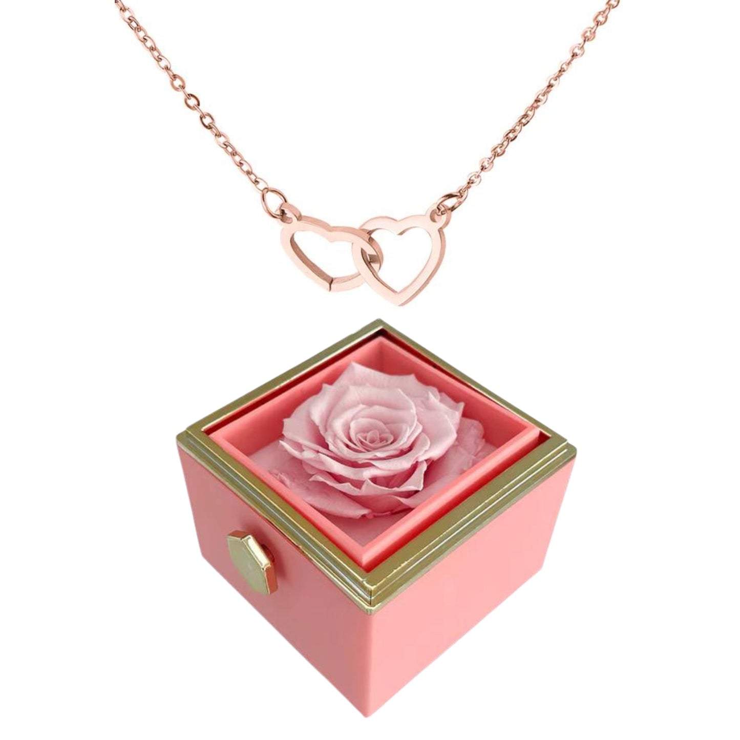 ETERNALLY PRESERVED ROTATING ROSE BOX - W/ ENGRAVED HEART NECKLACE