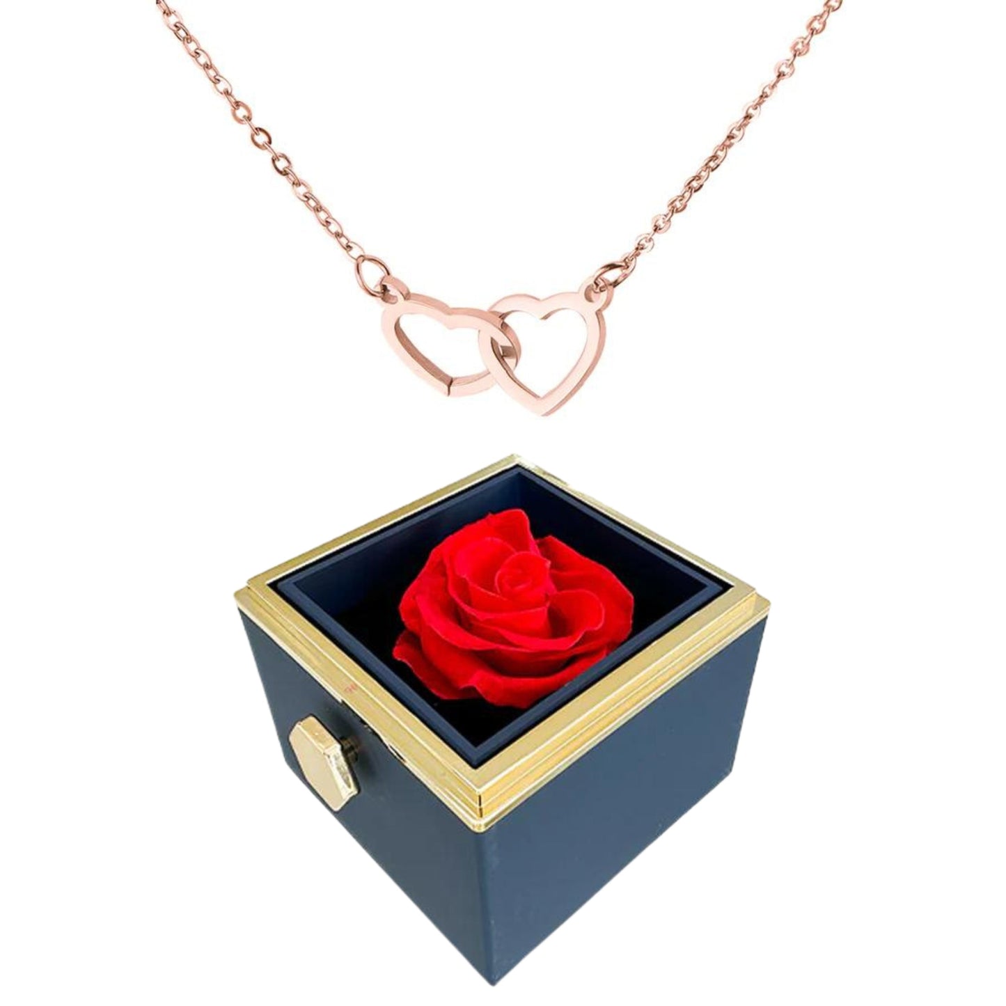 ETERNALLY PRESERVED ROTATING ROSE BOX - W/ ENGRAVED HEART NECKLACE