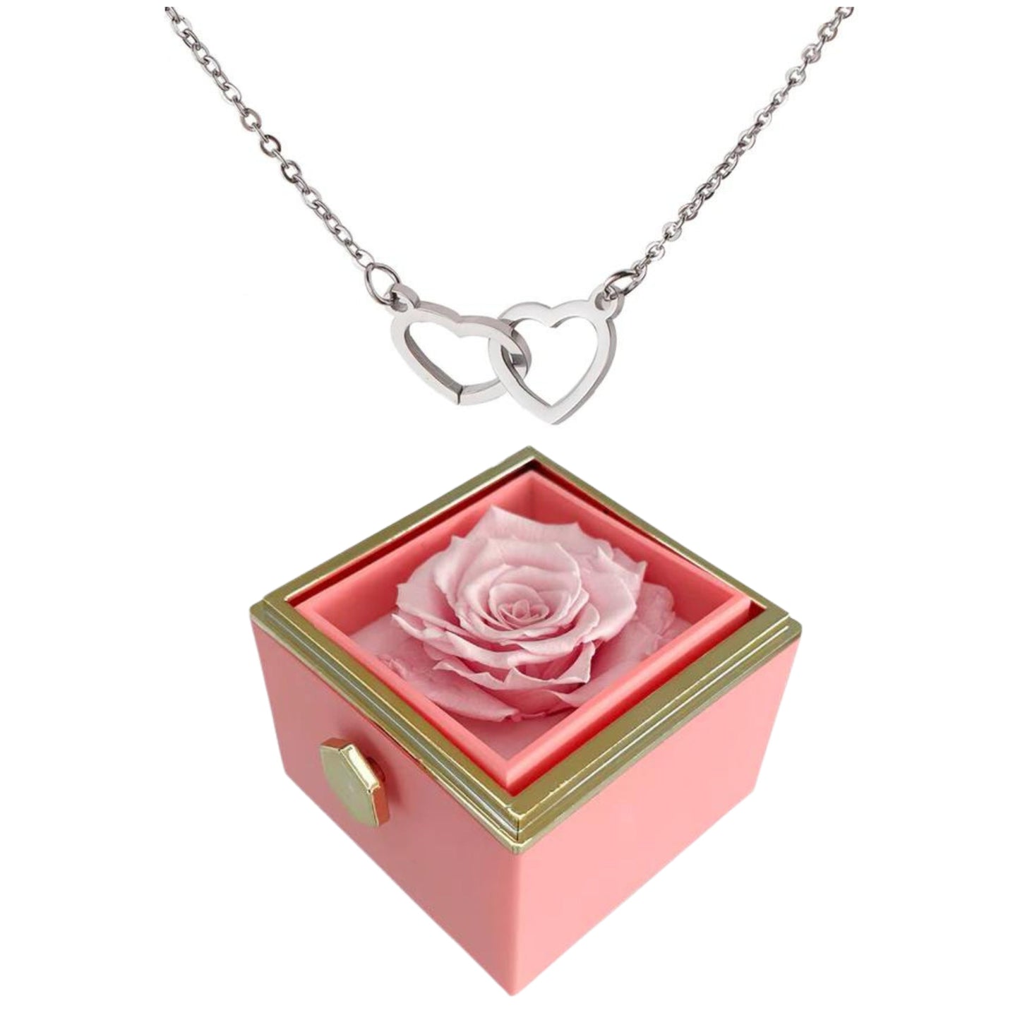 ETERNALLY PRESERVED ROTATING ROSE BOX - W/ ENGRAVED HEART NECKLACE