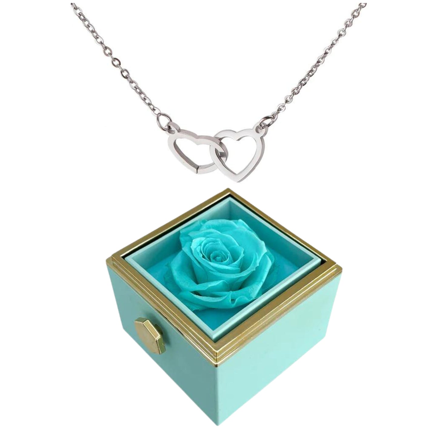 ETERNALLY PRESERVED ROTATING ROSE BOX - W/ ENGRAVED HEART NECKLACE