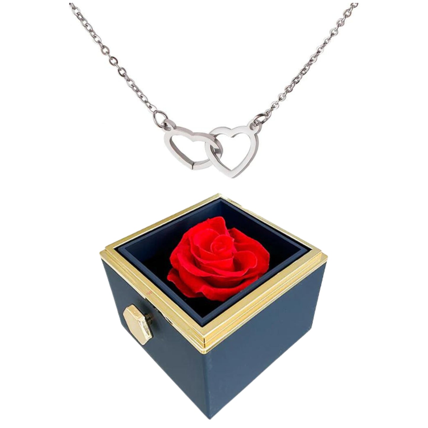 ETERNALLY PRESERVED ROTATING ROSE BOX - W/ ENGRAVED HEART NECKLACE