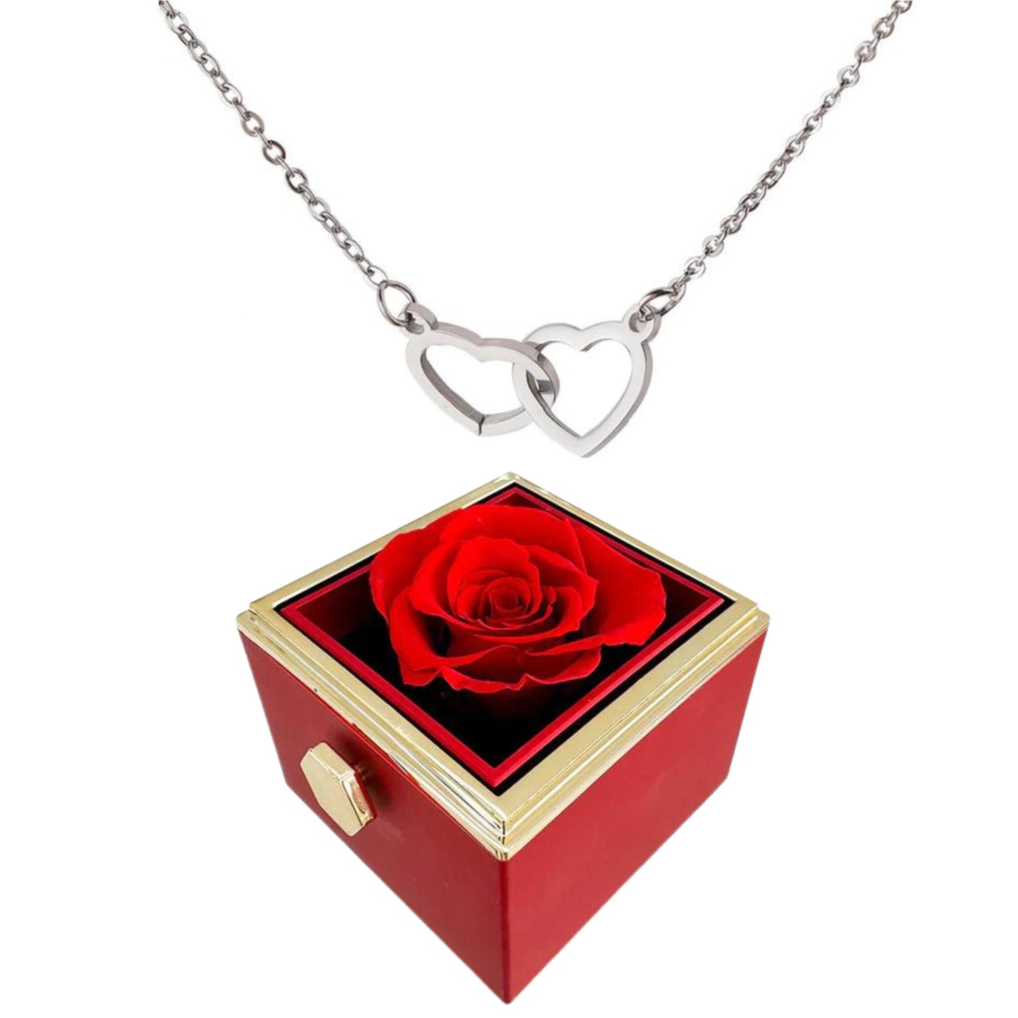 ETERNALLY PRESERVED ROTATING ROSE BOX - W/ ENGRAVED HEART NECKLACE