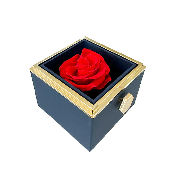 ETERNALLY PRESERVED ROTATING ROSE BOX - W/ ENGRAVED HEART NECKLACE