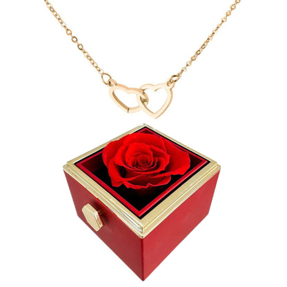 ETERNALLY PRESERVED ROTATING ROSE BOX - W/ ENGRAVED HEART NECKLACE