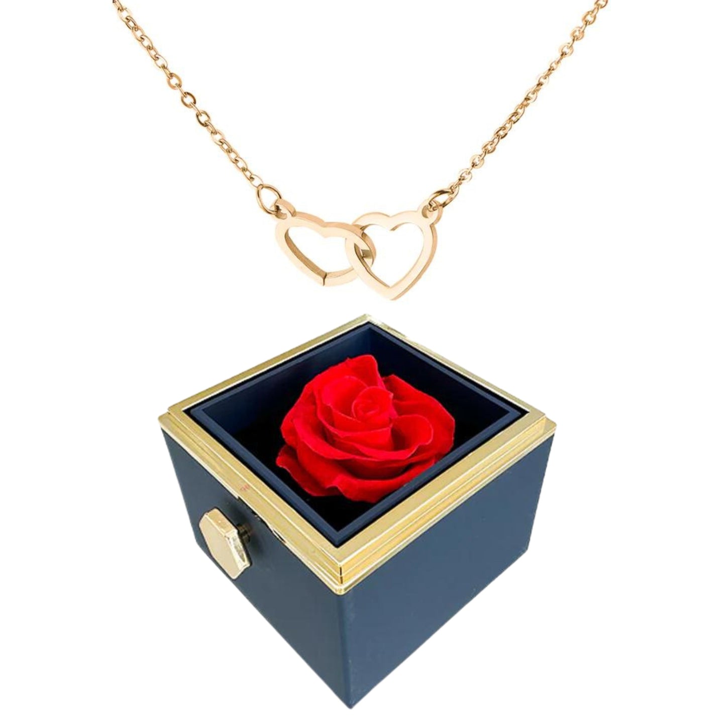 ETERNALLY PRESERVED ROTATING ROSE BOX - W/ ENGRAVED HEART NECKLACE