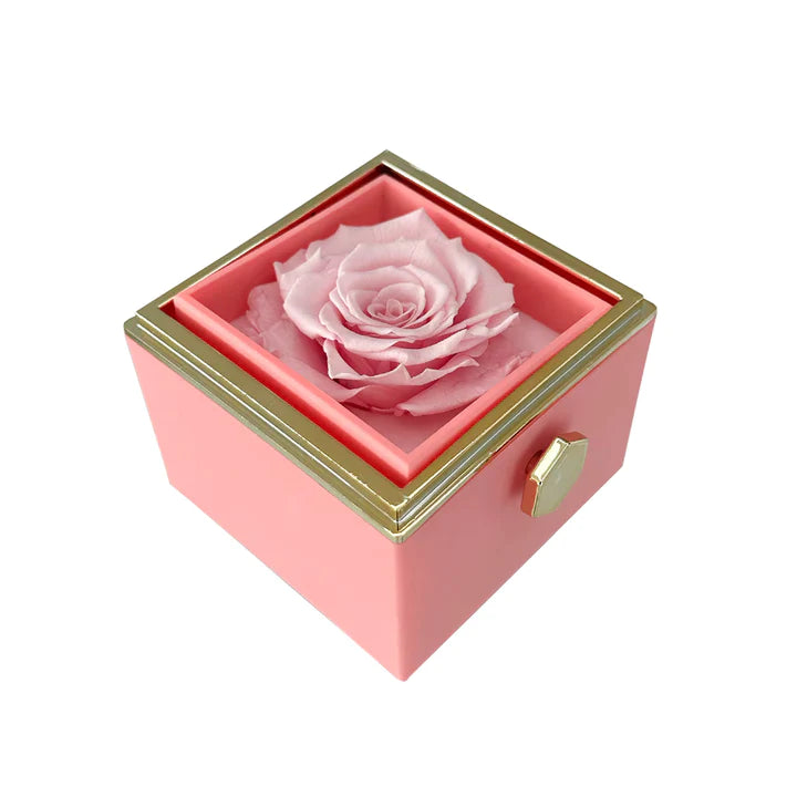 ETERNALLY PRESERVED ROTATING ROSE BOX - W/ ENGRAVED HEART NECKLACE