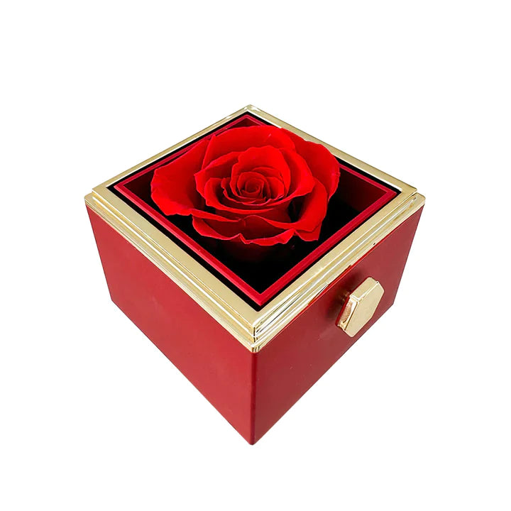 ETERNALLY PRESERVED ROTATING ROSE BOX - W/ ENGRAVED HEART NECKLACE