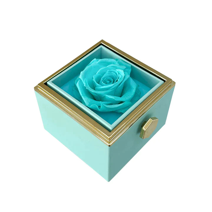 ETERNALLY PRESERVED ROTATING ROSE BOX - W/ ENGRAVED HEART NECKLACE